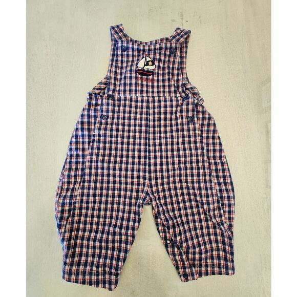 VTG Oshkosh B'Gosh Plaid Overalls SZ 6-9 Months 90s Sailboats - Picture 1 of 6